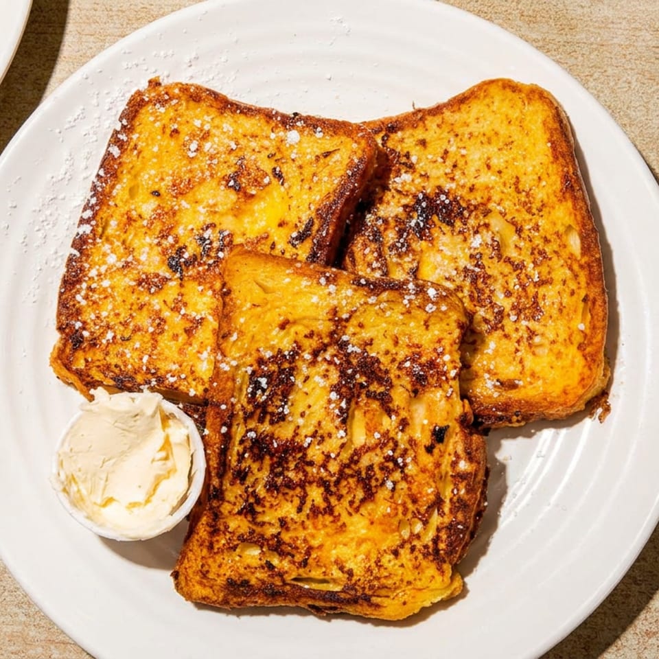 Golden French toast slices dusted with powdered sugar and served with butter on a white plate.