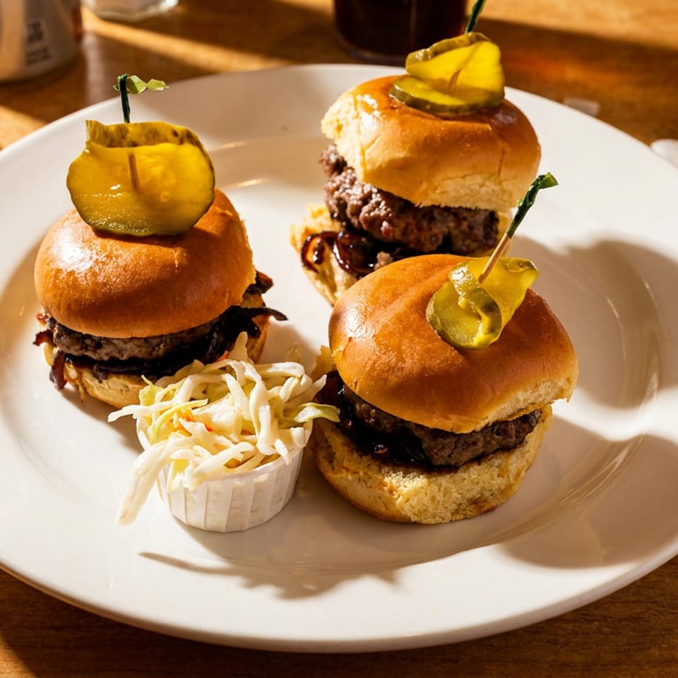Three mini burgers topped with pickles and served with coleslaw on a white plate at a warmly lit restaurant table.