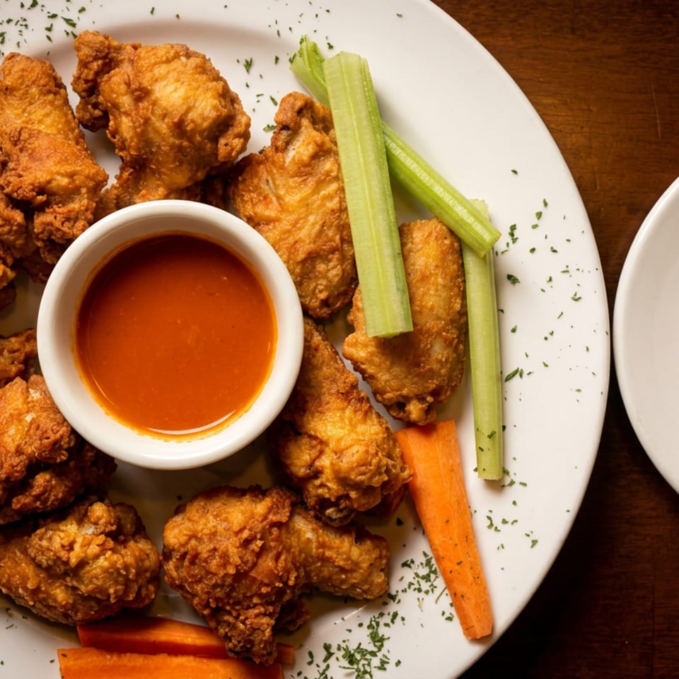 Crispy chicken wings with celery, carrots, buffalo sauce, and creamy dipping sauce on white plates.