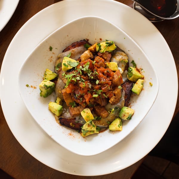 Savory bowl topped with avocado, tomato salsa, cilantro, and assorted browned roasted ingredients on a white plate.