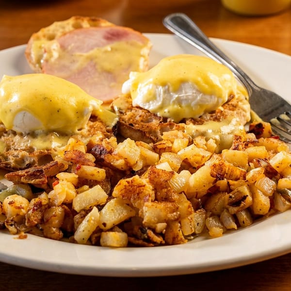 Breakfast plate with eggs Benedict, ham, toasted English muffins, and crispy home fries on a wooden table.