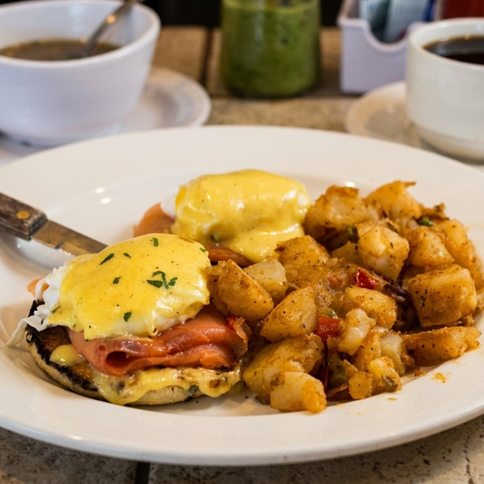 Eggs Benedict with ham and hollandaise, served with seasoned breakfast potatoes, alongside two cups of coffee.