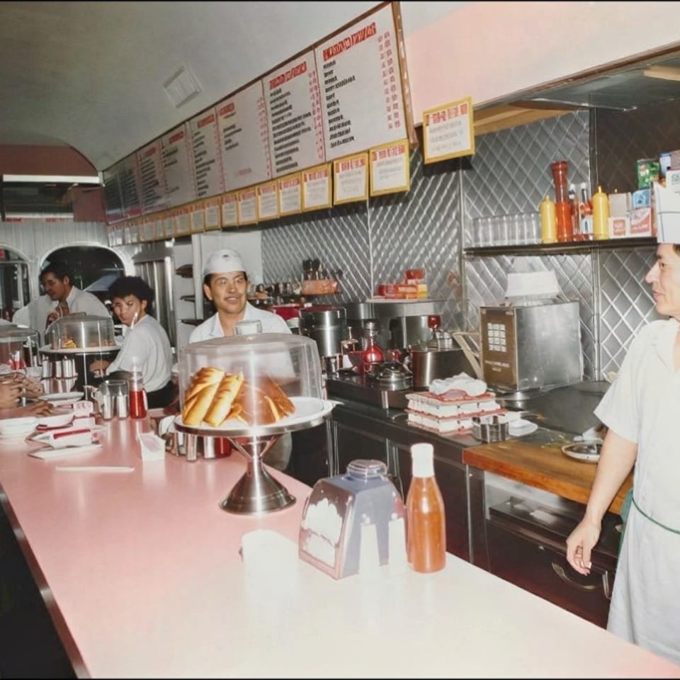 Vintage diner interior with customers at a counter, staff in white uniforms, menu boards, condiments, and pastries displayed.
