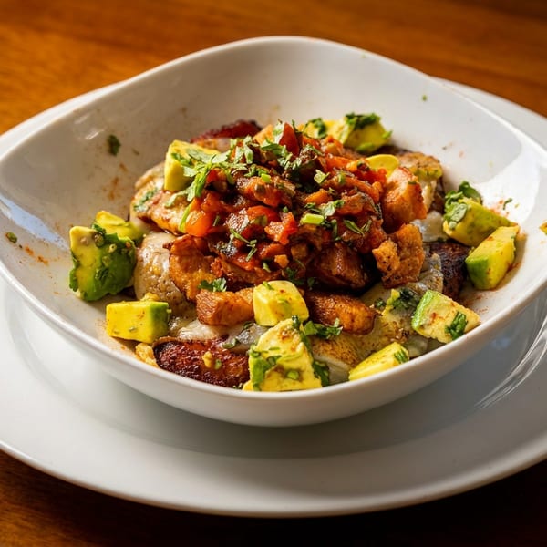 Bowl of roasted potatoes topped with tomato salsa, avocado chunks, herbs, and crispy vegetables on a white plate.