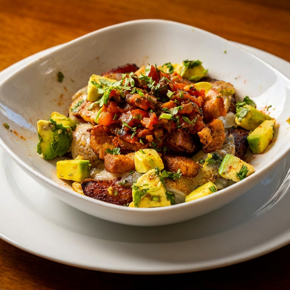 Bowl of roasted potatoes topped with tomato salsa, avocado chunks, herbs, and crispy vegetables on a white plate.