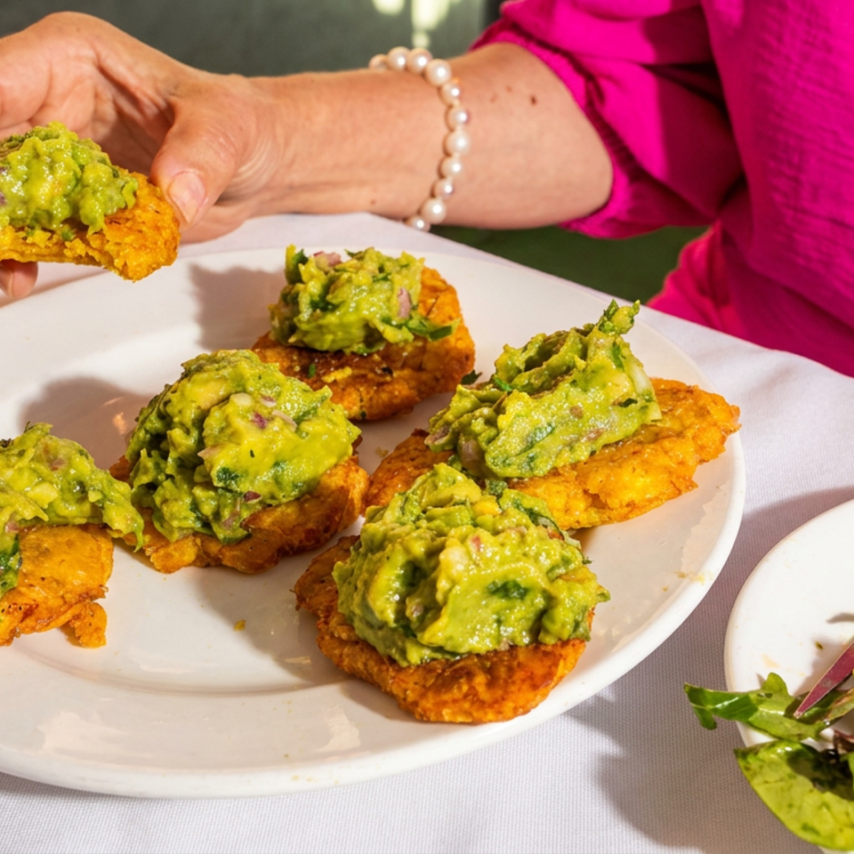 Golden corn cakes topped with chunky guacamole on a plate, with a side salad and diner lifting one cake.